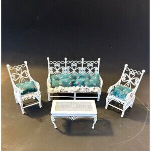 White Wire Wicker Dollhouse Furniture 4pc Set Vintage Patio Chairs, Sofa & Table